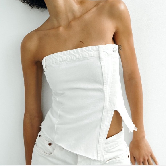 Zara Tops - ZARA Denim Corset Button-Side Top Stretch Panel Festival Strapless Size: M